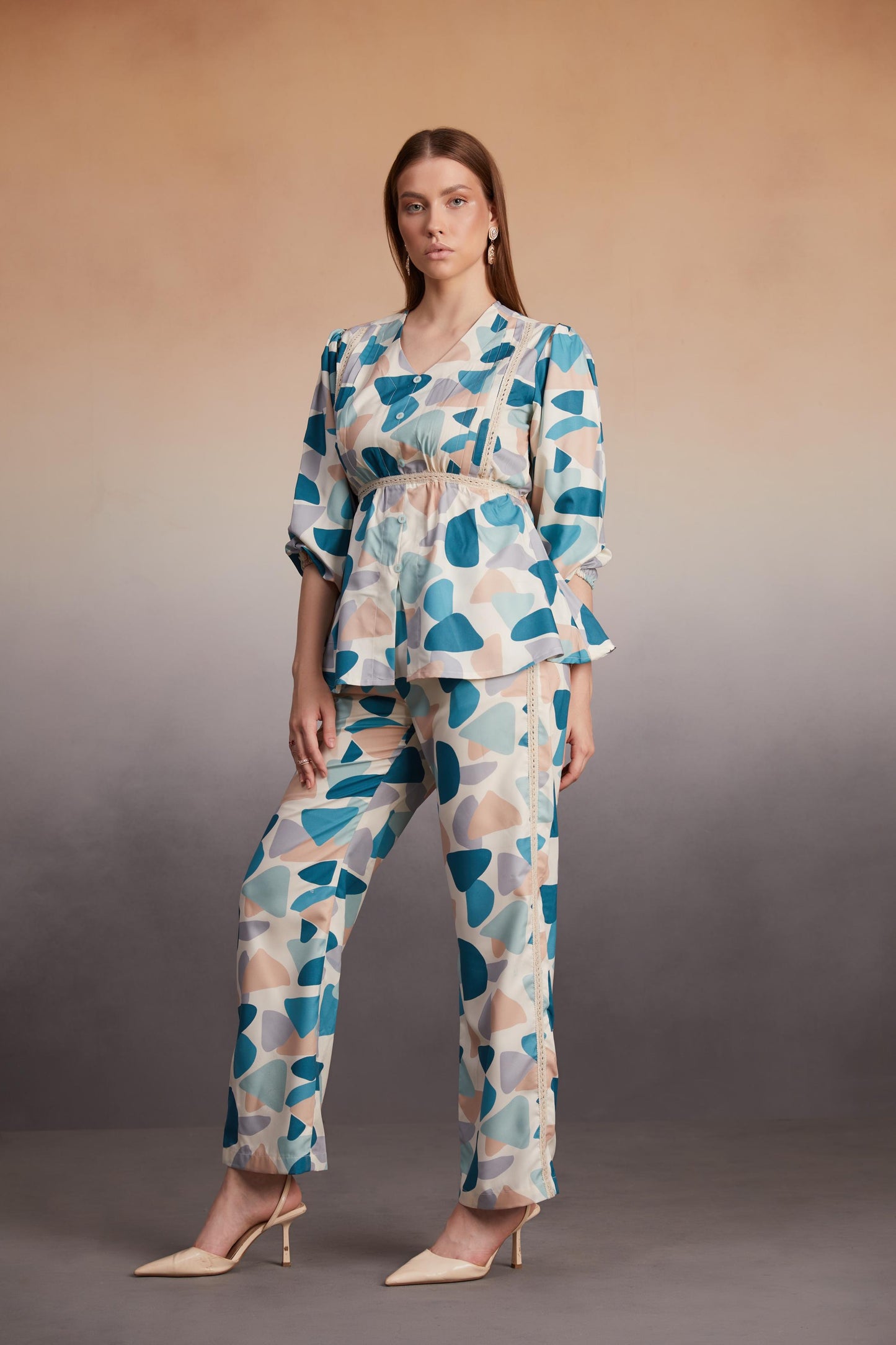 Abstract Printed Co-Ord Set with Lace Detail