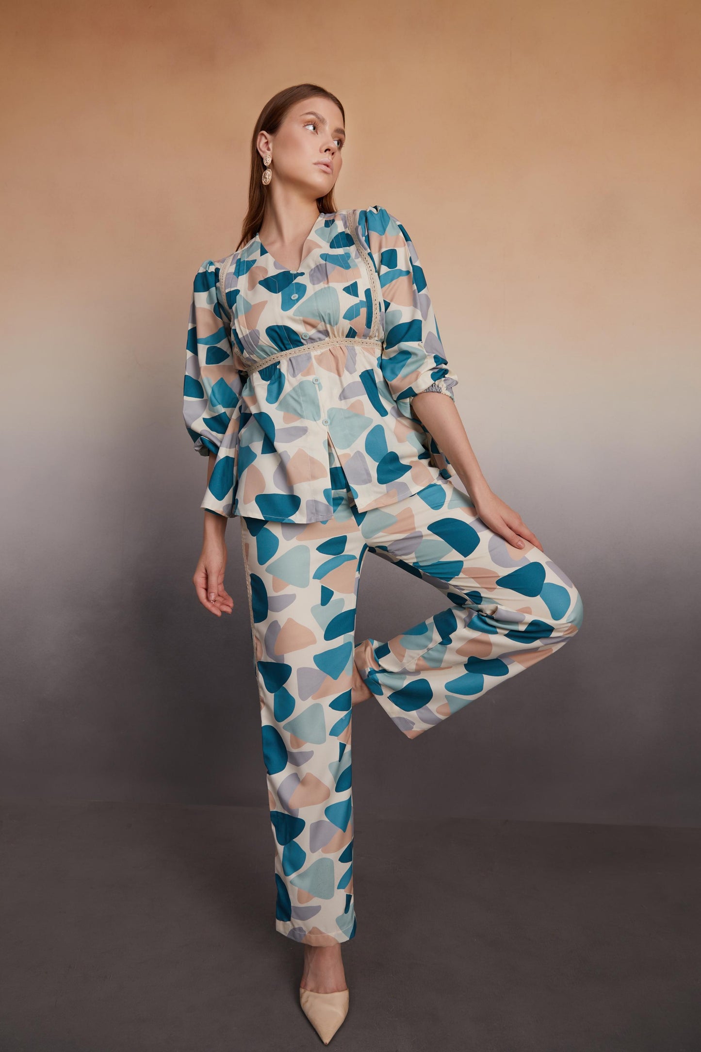 Abstract Printed Co-Ord Set with Lace Detail