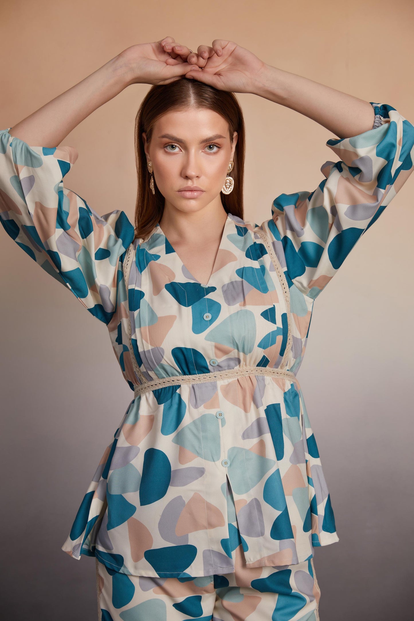 Abstract Printed Co-Ord Set with Lace Detail