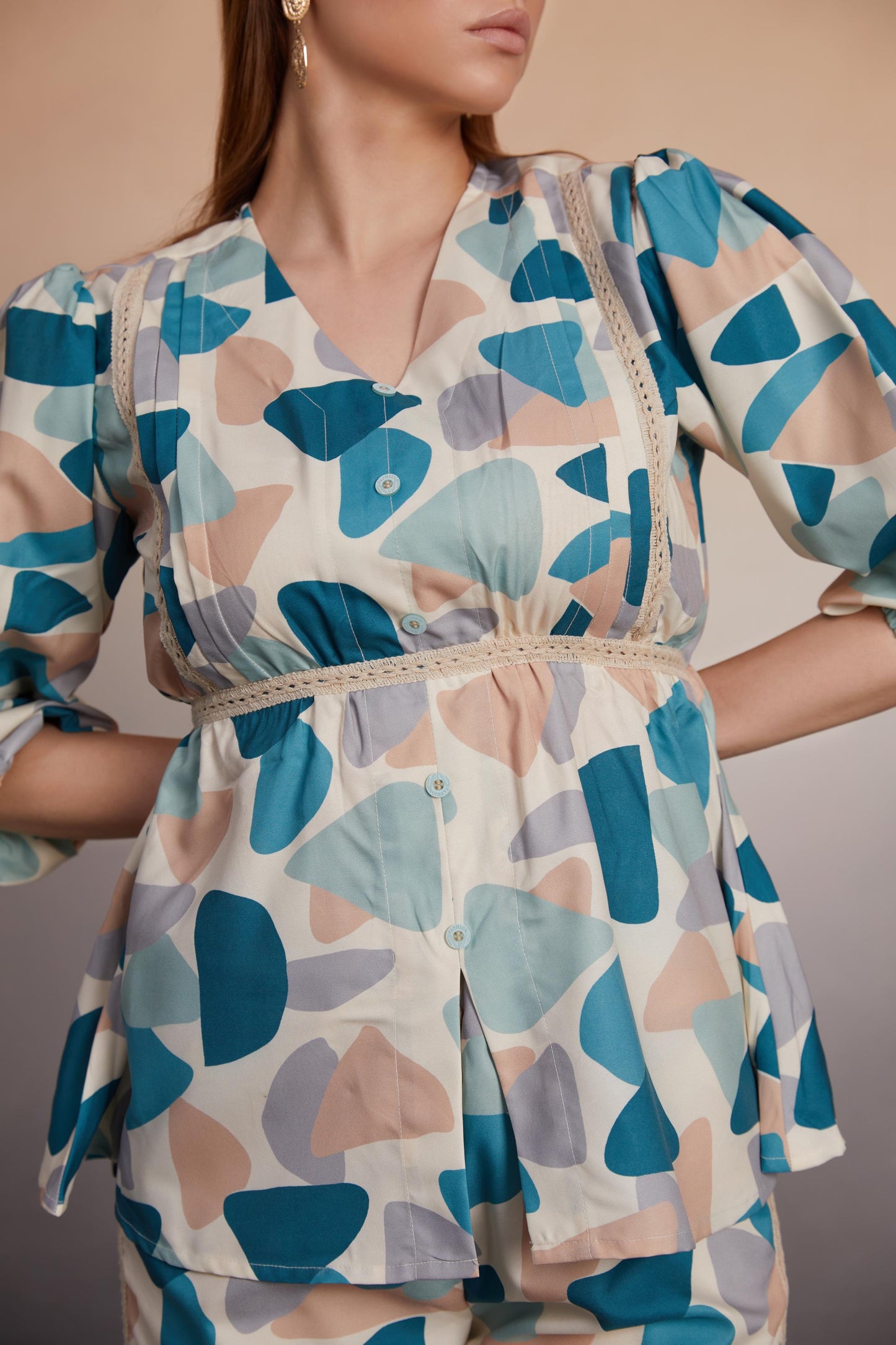 Abstract Printed Co-Ord Set with Lace Detail