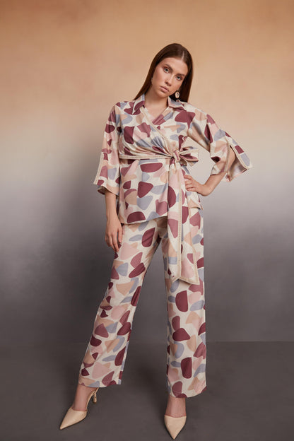 Abstract Wrap-Style Co-Ord Set with Lace Details