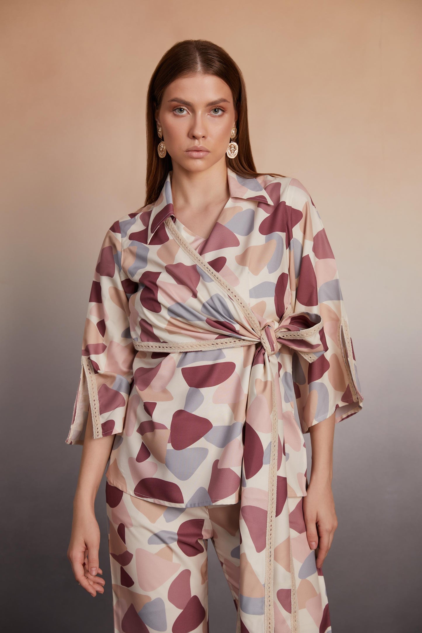 Abstract Wrap-Style Co-Ord Set with Lace Details