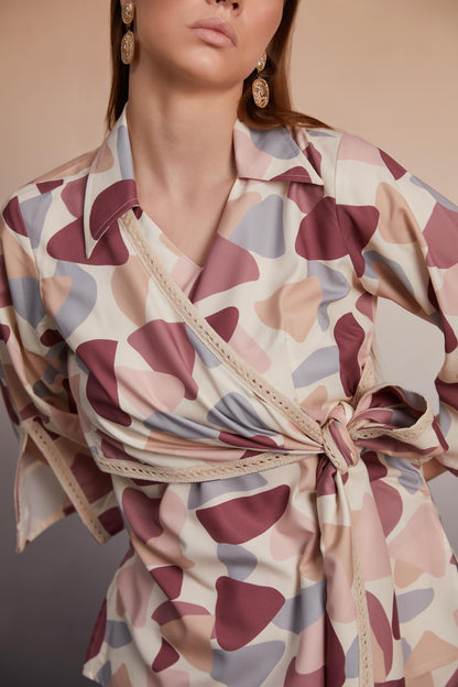 Abstract Wrap-Style Co-Ord Set with Lace Details