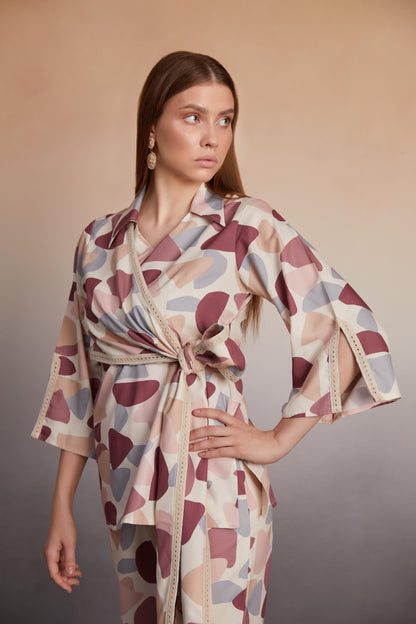 Abstract Wrap-Style Co-Ord Set with Lace Details