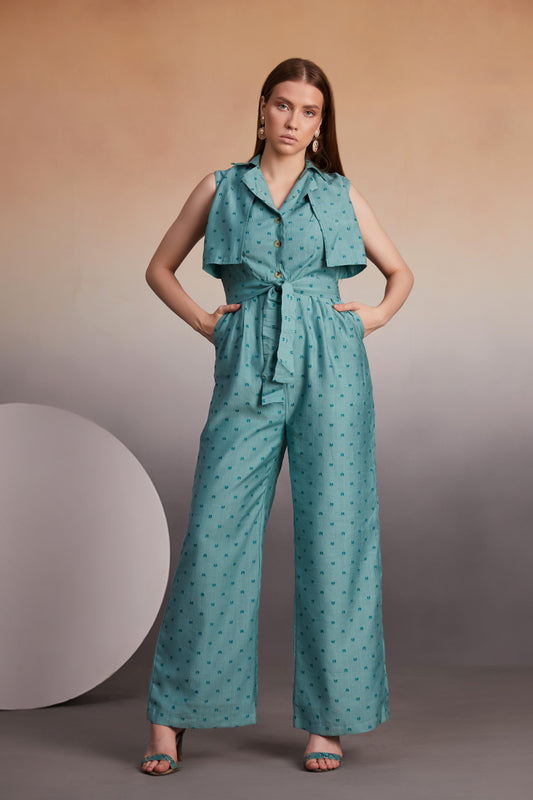 Teal Sleeveless Jumpsuit with Cape Overlay