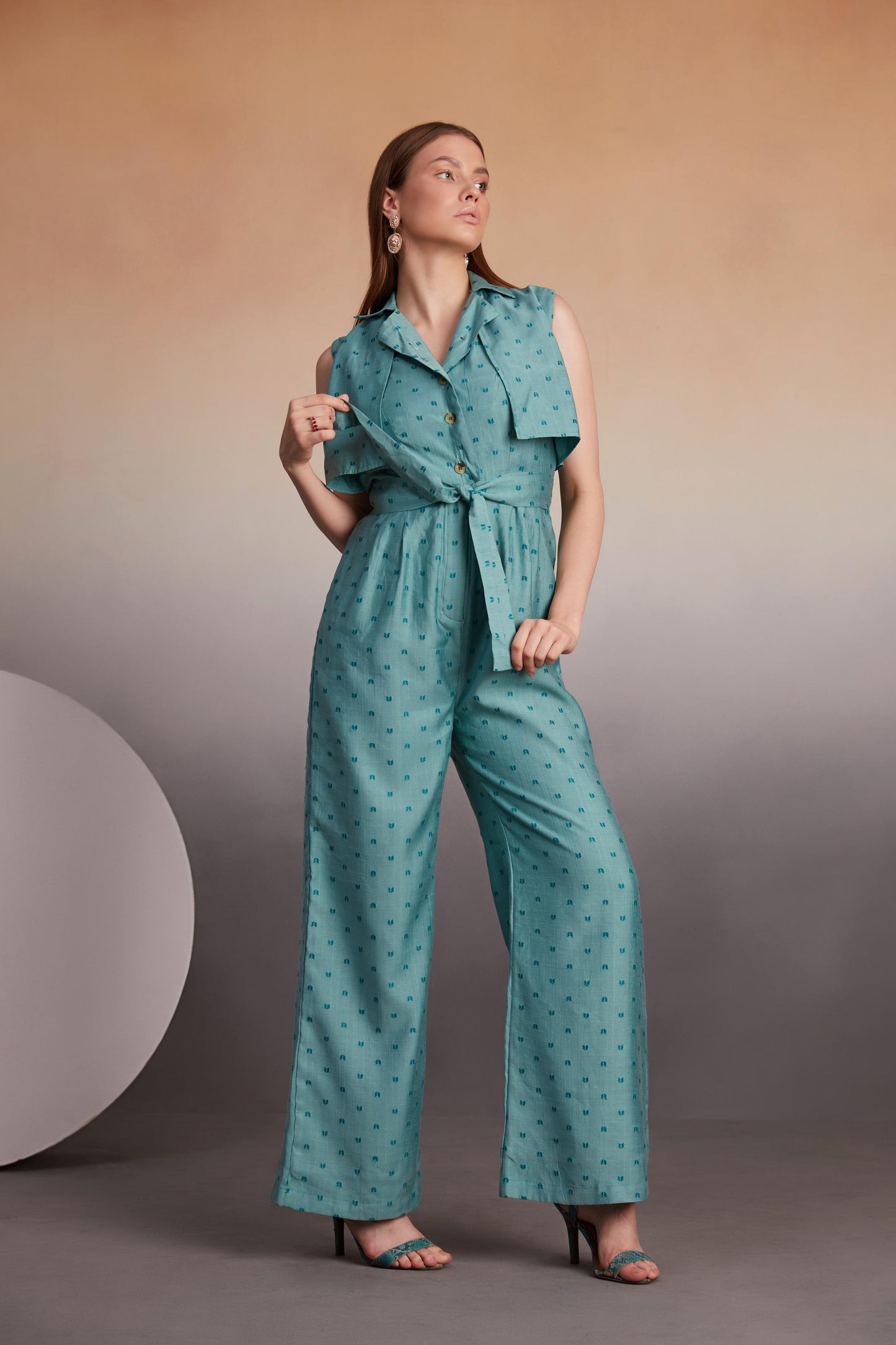 Teal Sleeveless Jumpsuit with Cape Overlay