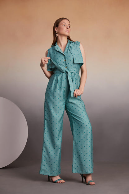Teal Sleeveless Jumpsuit with Cape Overlay
