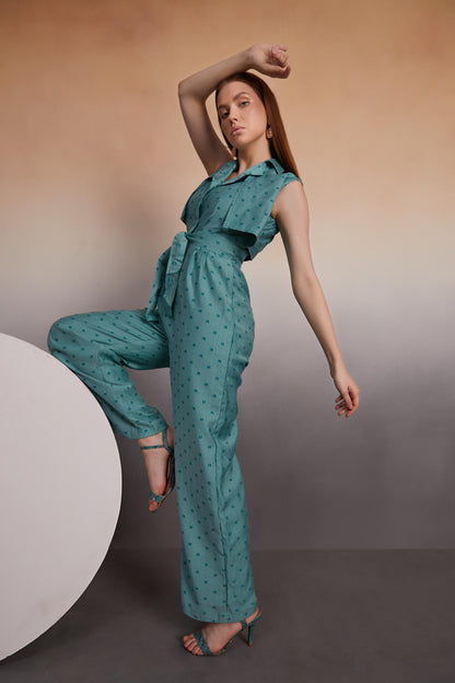 Teal Sleeveless Jumpsuit with Cape Overlay