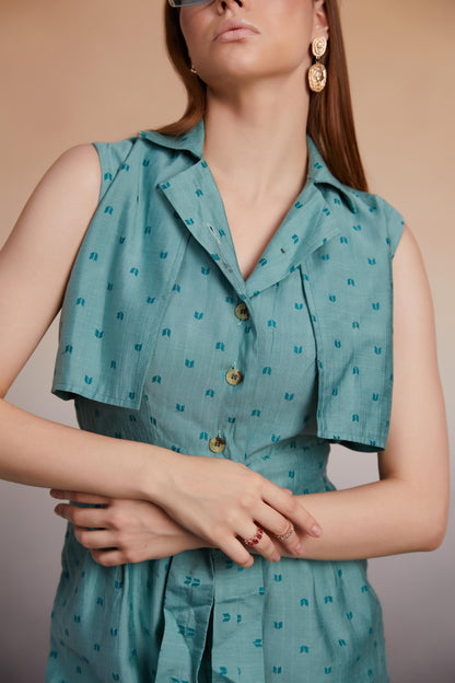 Teal Sleeveless Jumpsuit with Cape Overlay