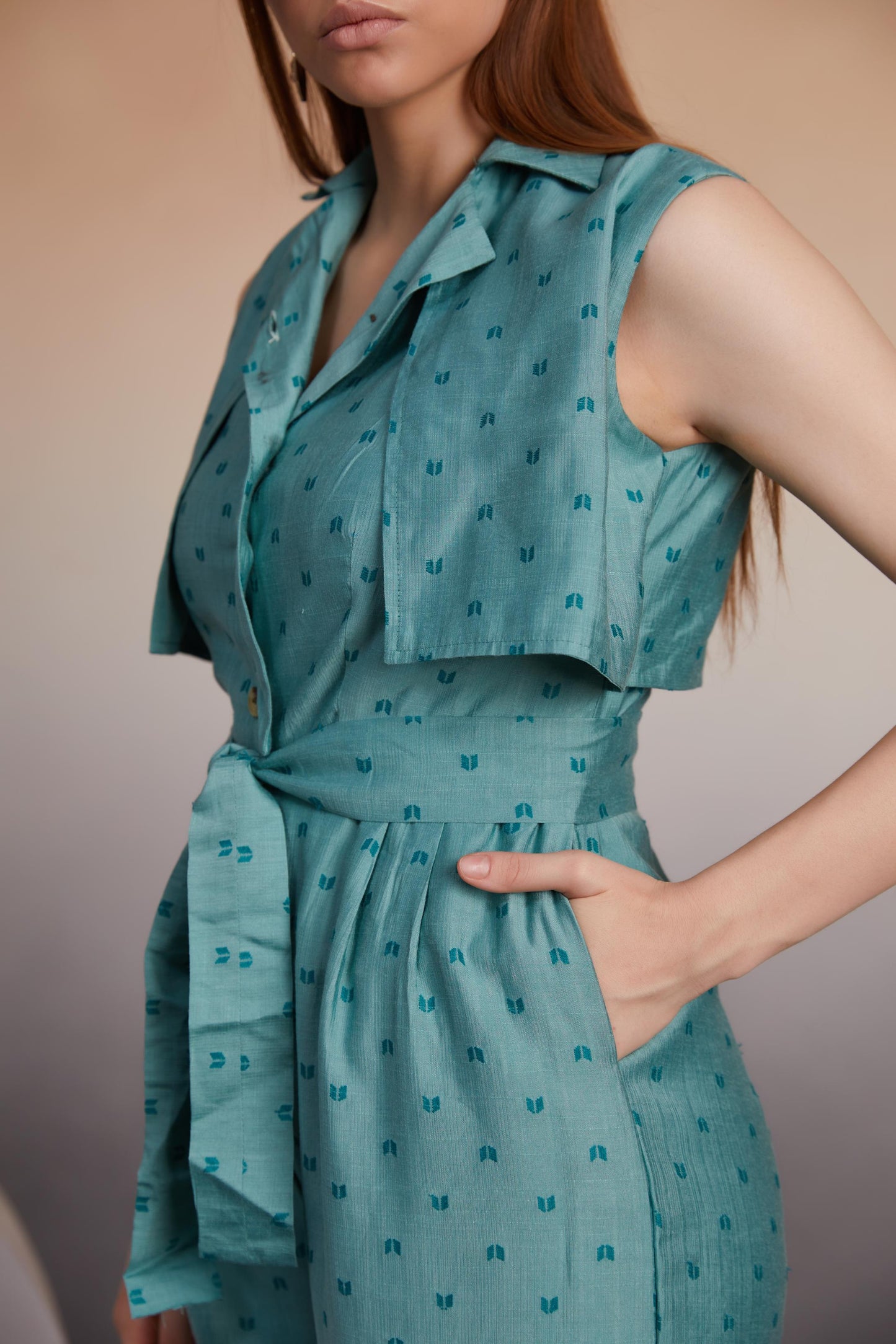 Teal Sleeveless Jumpsuit with Cape Overlay