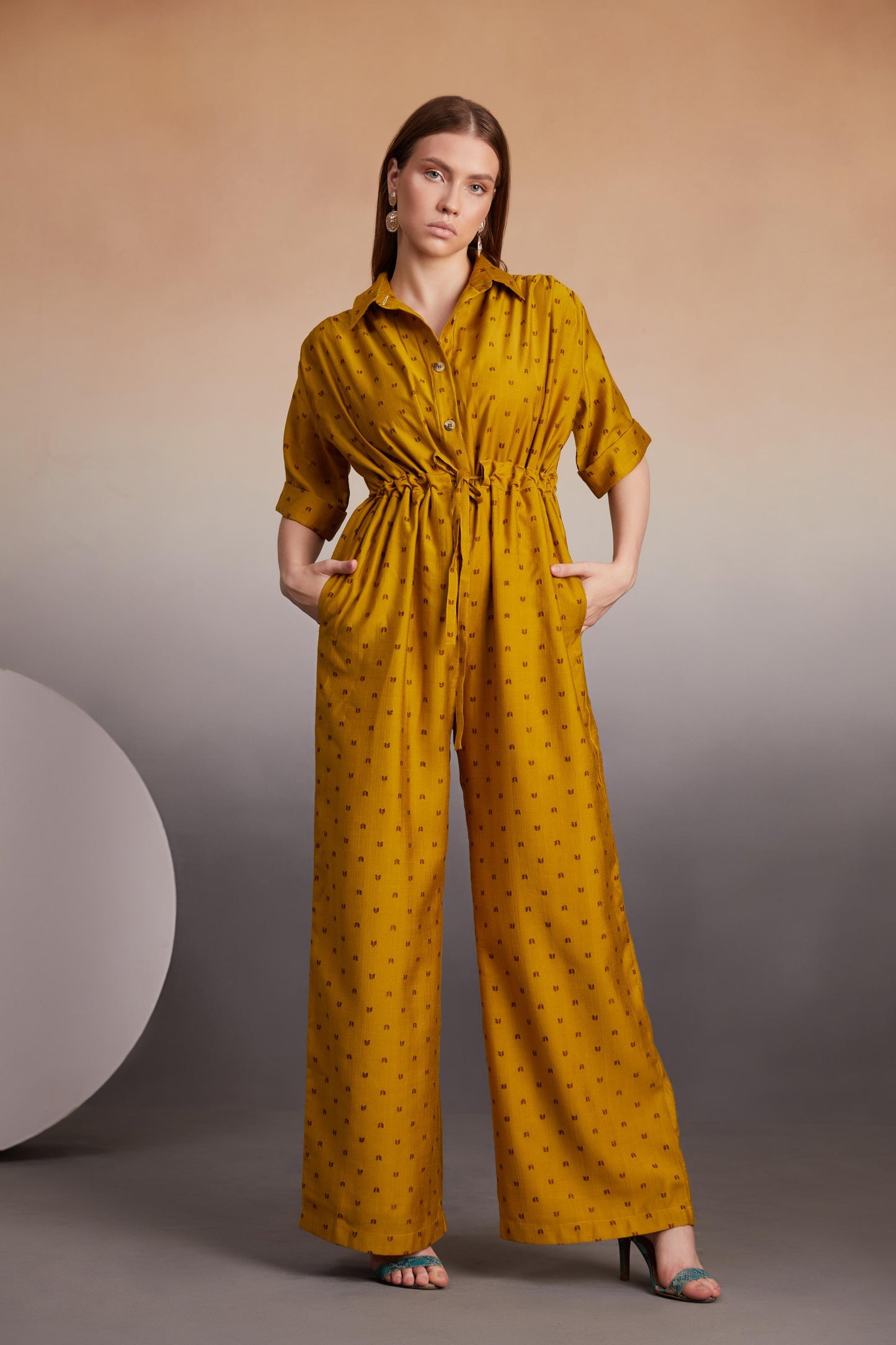Mustard Button-Down Jumpsuit with Drawstring Waist