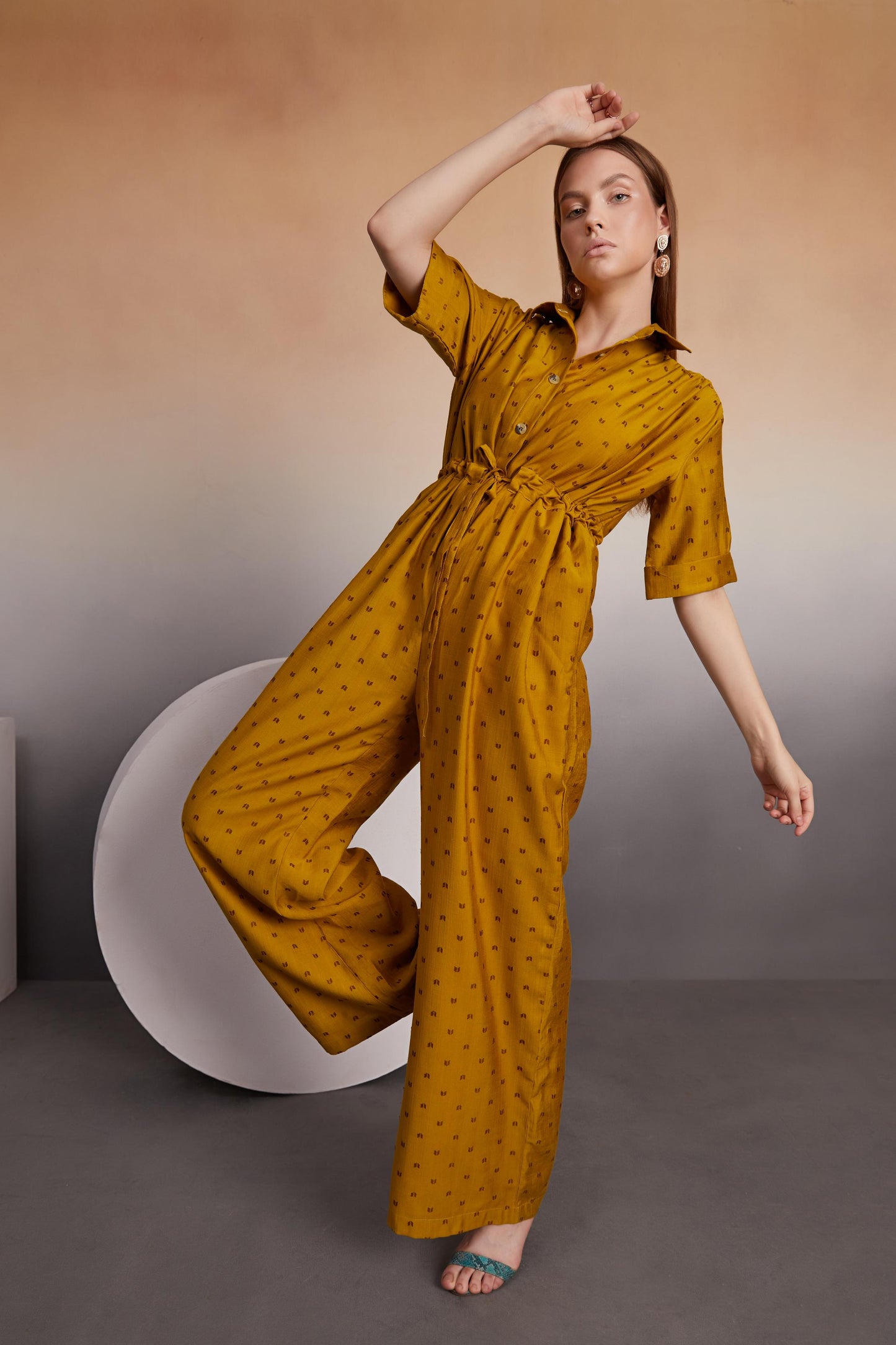 Mustard Button-Down Jumpsuit with Drawstring Waist