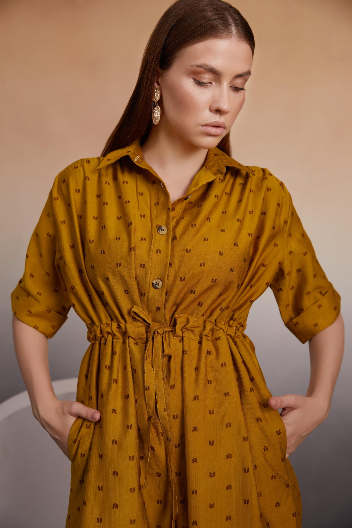 Mustard Button-Down Jumpsuit with Drawstring Waist