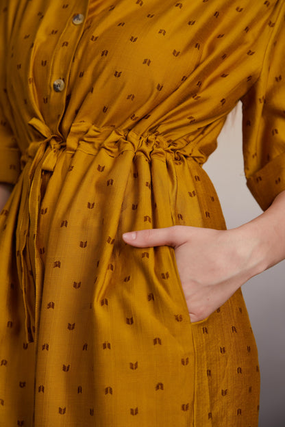 Mustard Button-Down Jumpsuit with Drawstring Waist