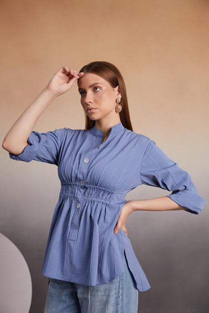 Indigo Ruched Button-Down Top