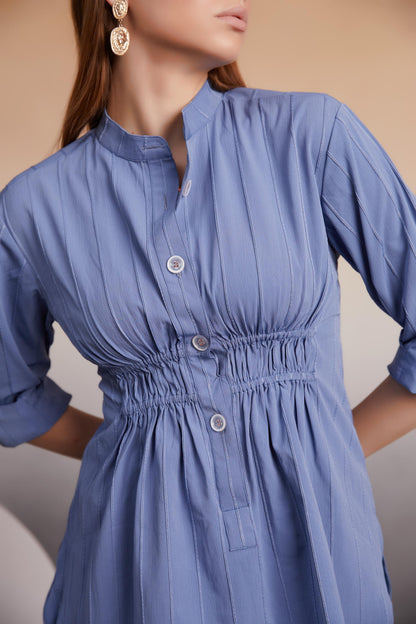Indigo Ruched Button-Down Top