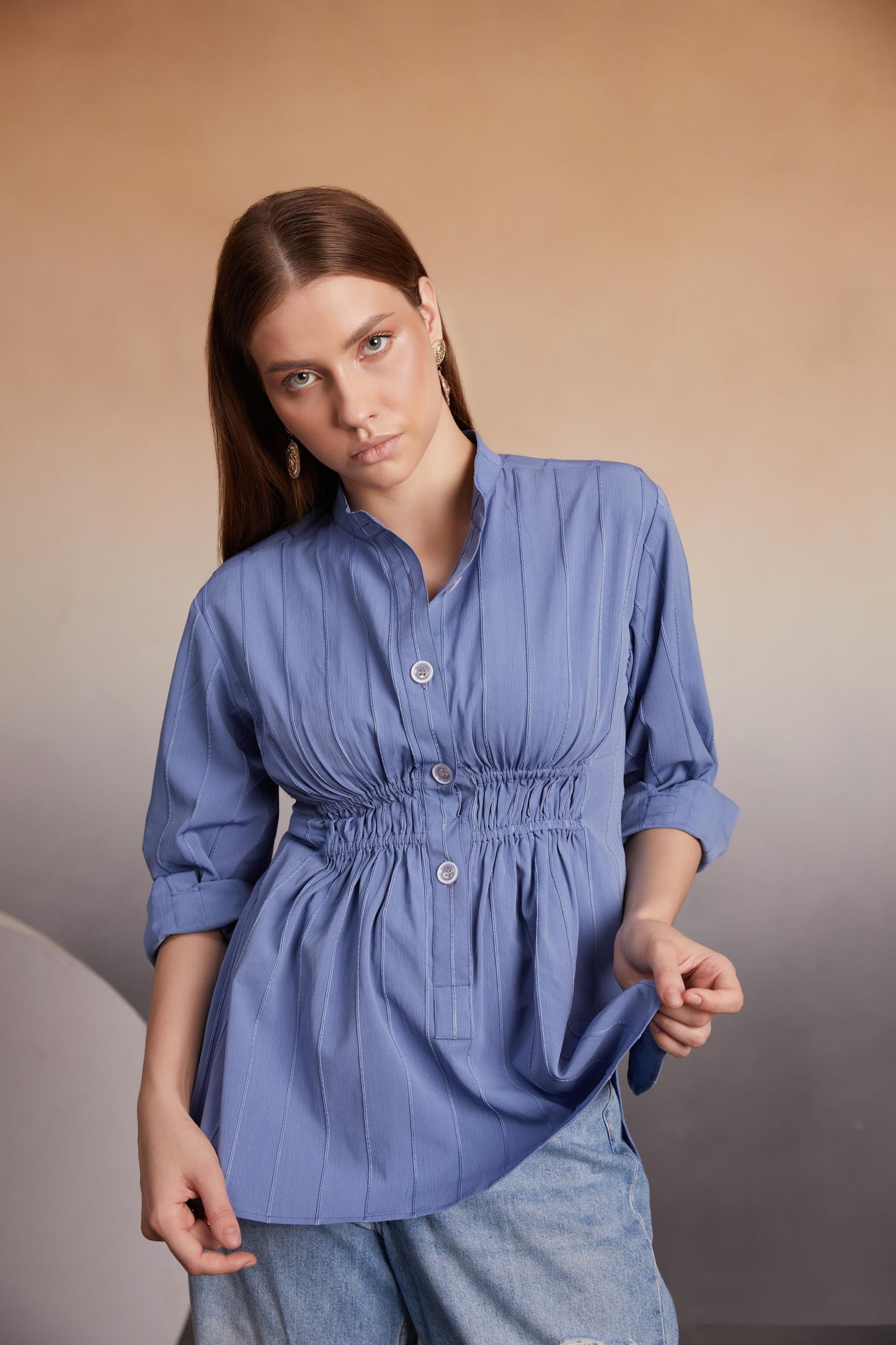 Indigo Ruched Button-Down Top