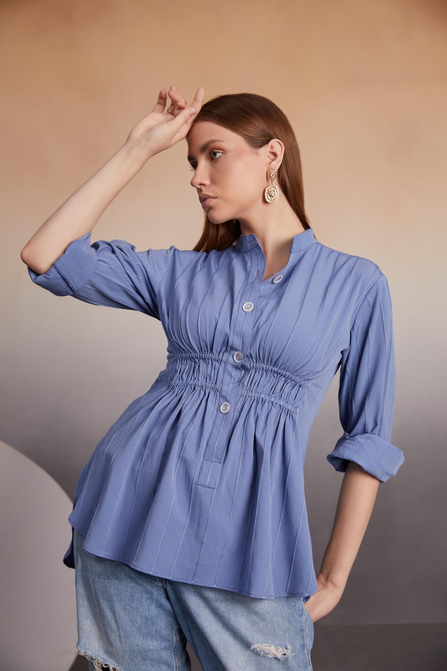 Indigo Ruched Button-Down Top