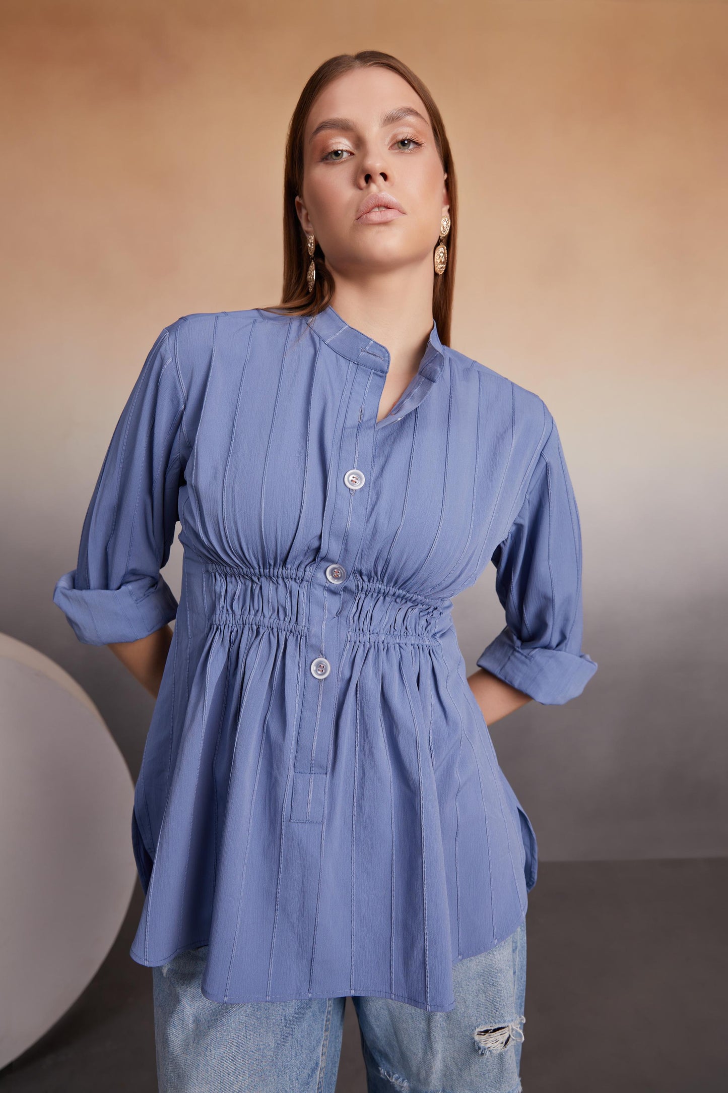 Indigo Ruched Button-Down Top