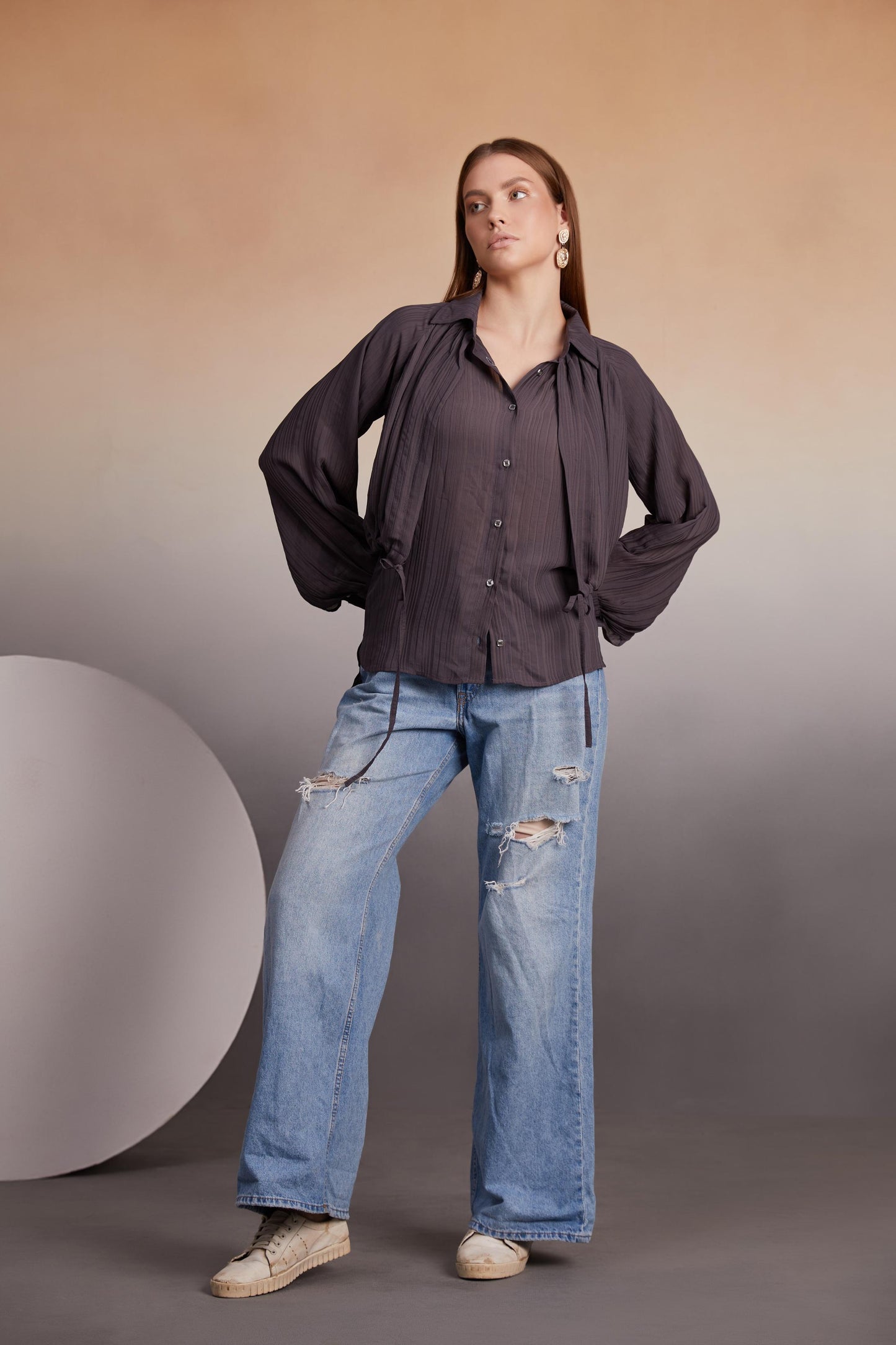 charcoal Balloon Sleeve Button-Down Top