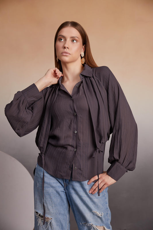 charcoal Balloon Sleeve Button-Down Top