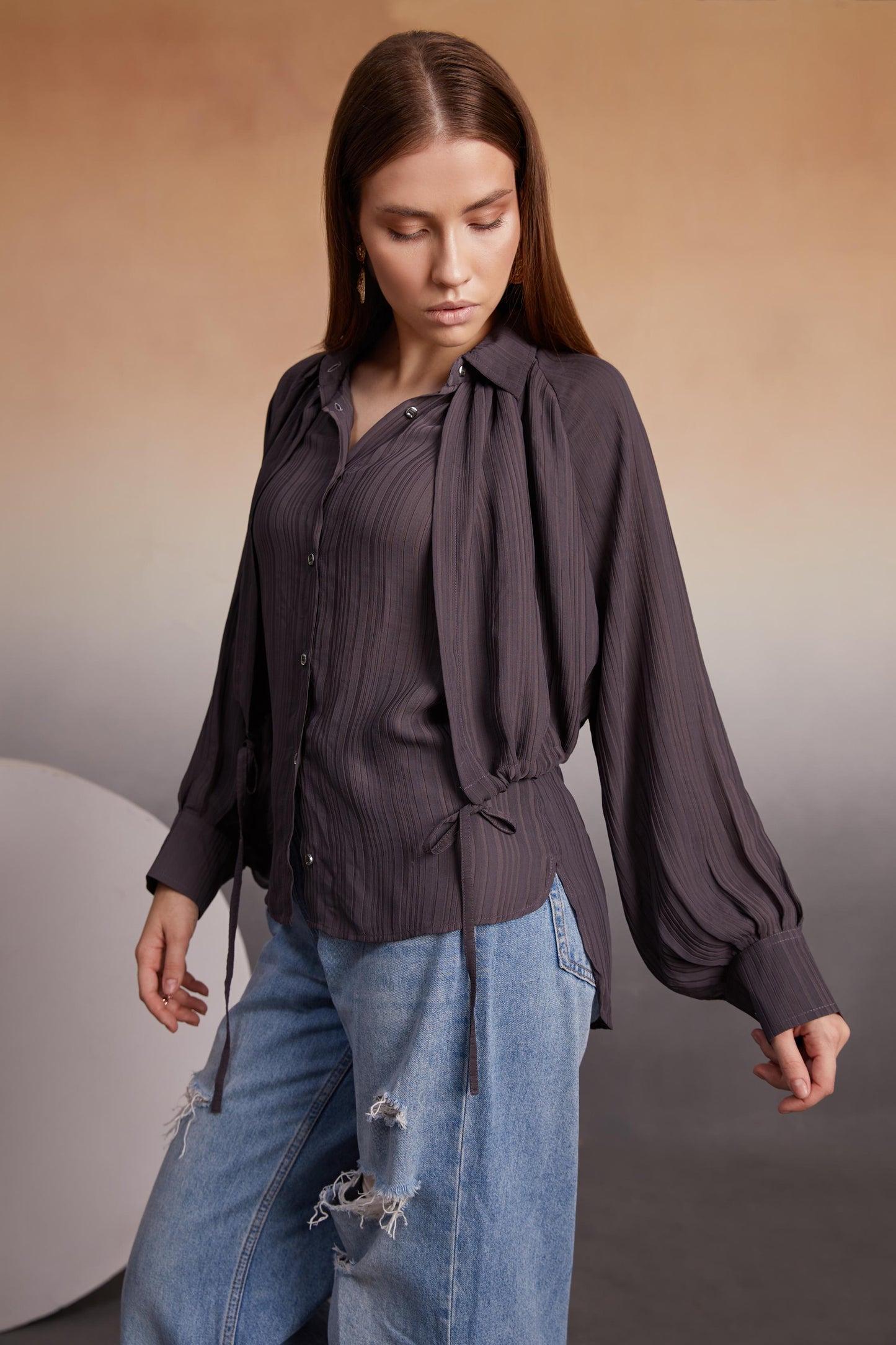 charcoal Balloon Sleeve Button-Down Top