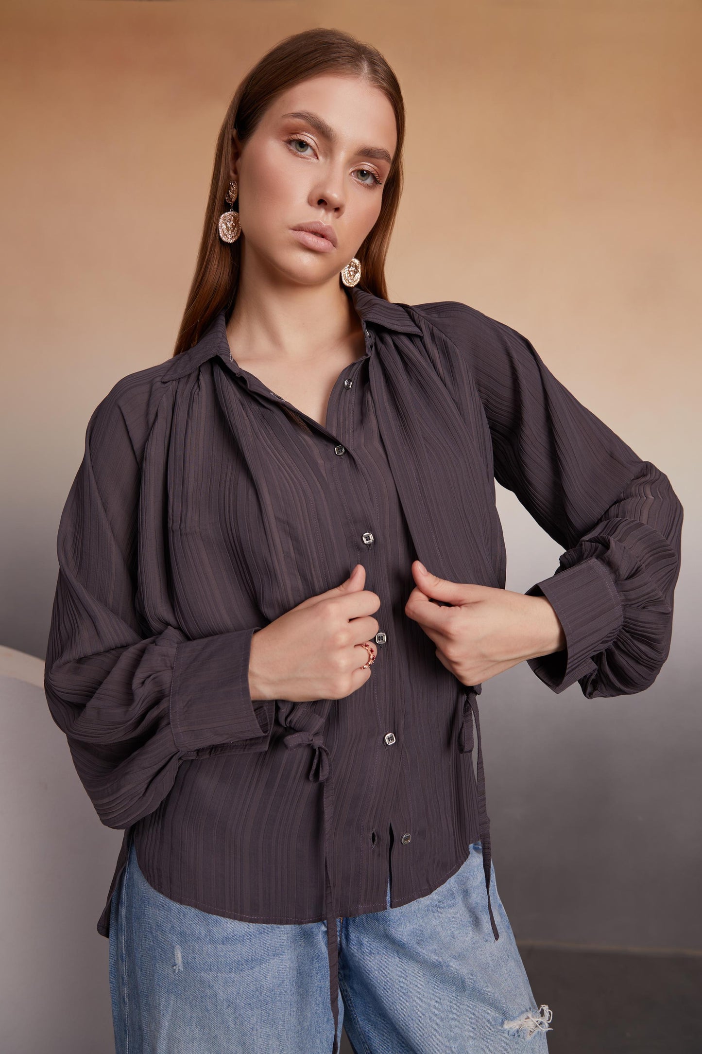 charcoal Balloon Sleeve Button-Down Top