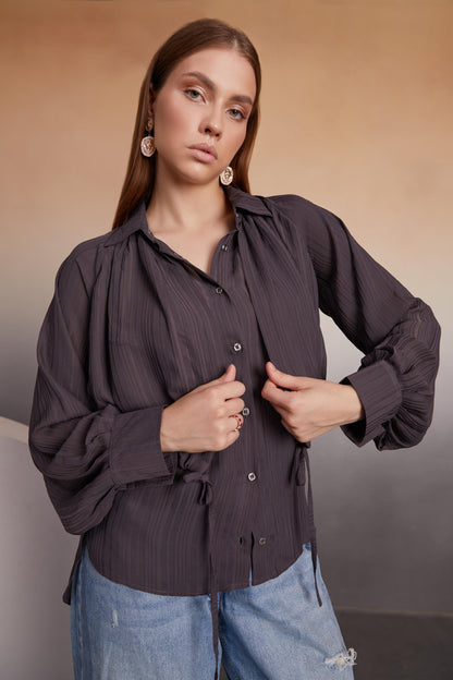 charcoal Balloon Sleeve Button-Down Top