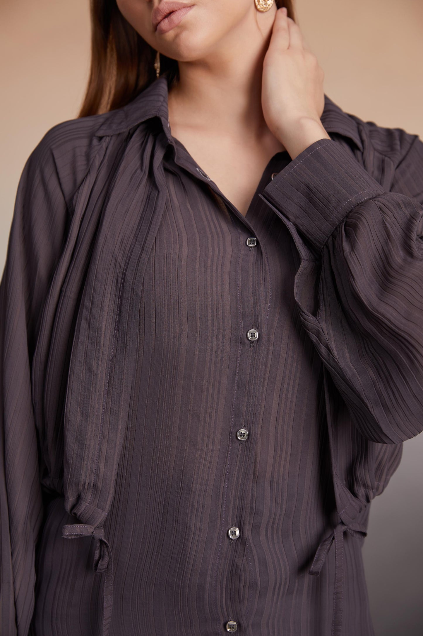 charcoal Balloon Sleeve Button-Down Top