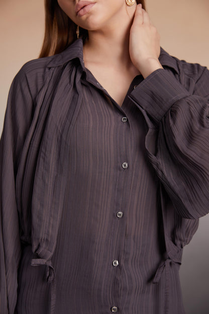 charcoal Balloon Sleeve Button-Down Top