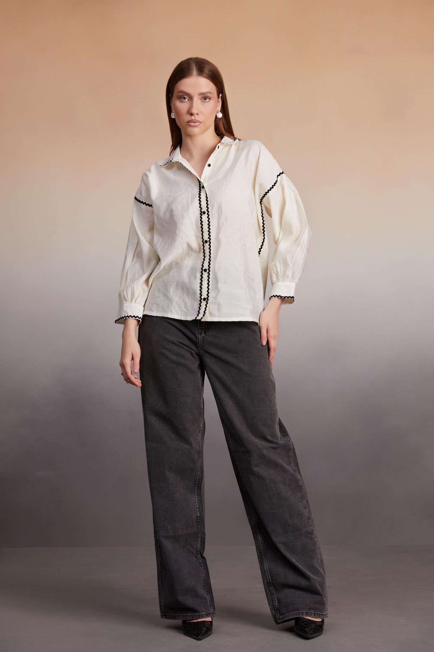 Ivory Balloon Sleeve Shirt with Contrast Details