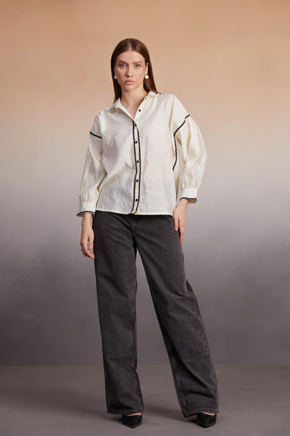 Ivory Balloon Sleeve Shirt with Contrast Details