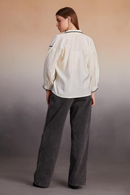 Ivory Balloon Sleeve Shirt with Contrast Details