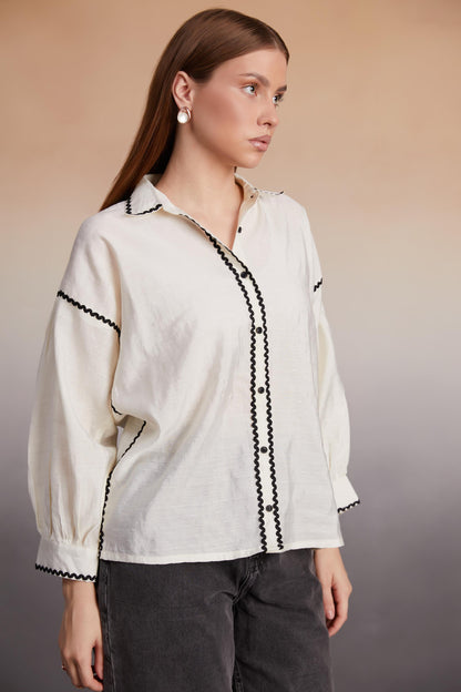 Ivory Balloon Sleeve Shirt with Contrast Details