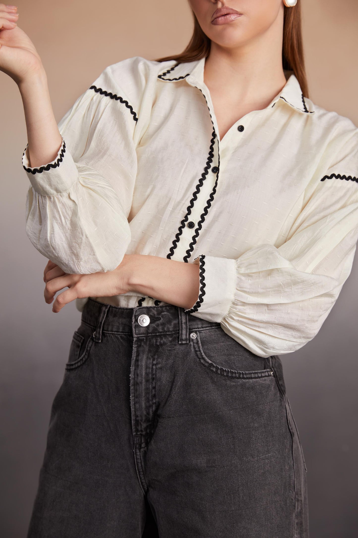 Ivory Balloon Sleeve Shirt with Contrast Details