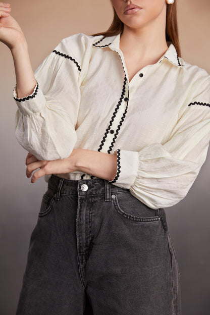 Ivory Balloon Sleeve Shirt with Contrast Details