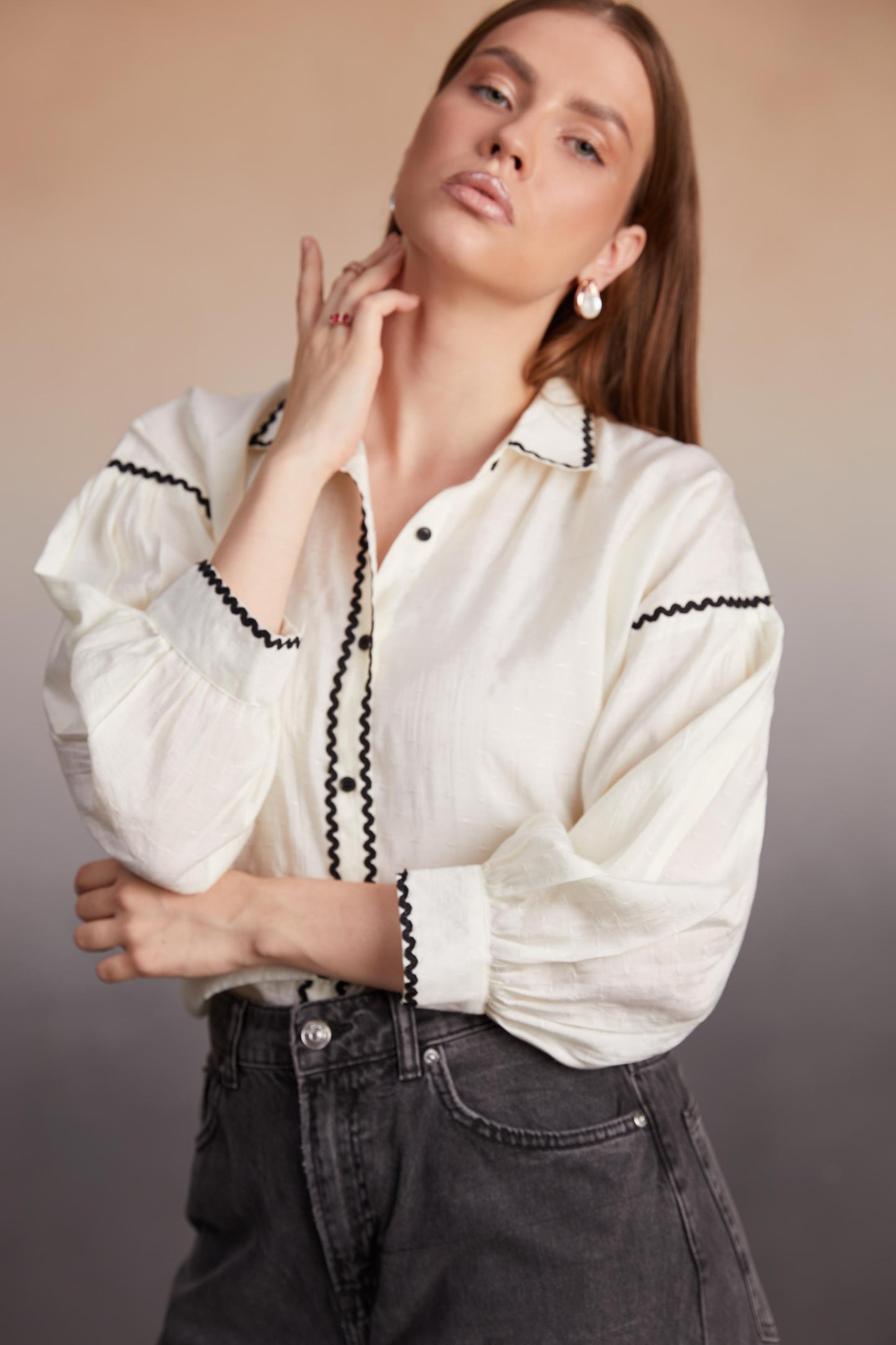 Ivory Balloon Sleeve Shirt with Contrast Details