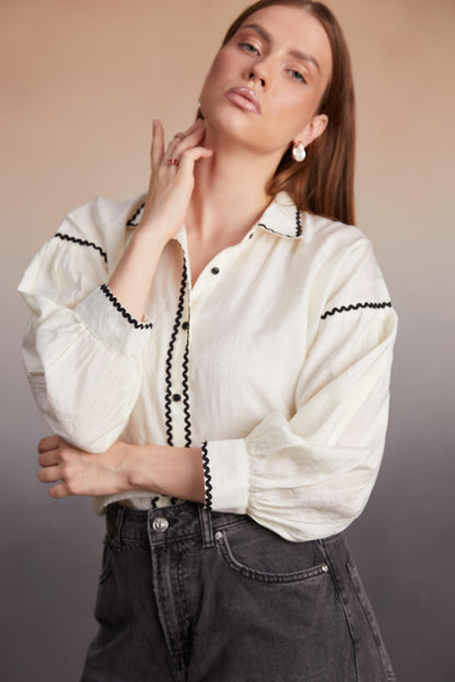 Ivory Balloon Sleeve Shirt with Contrast Details