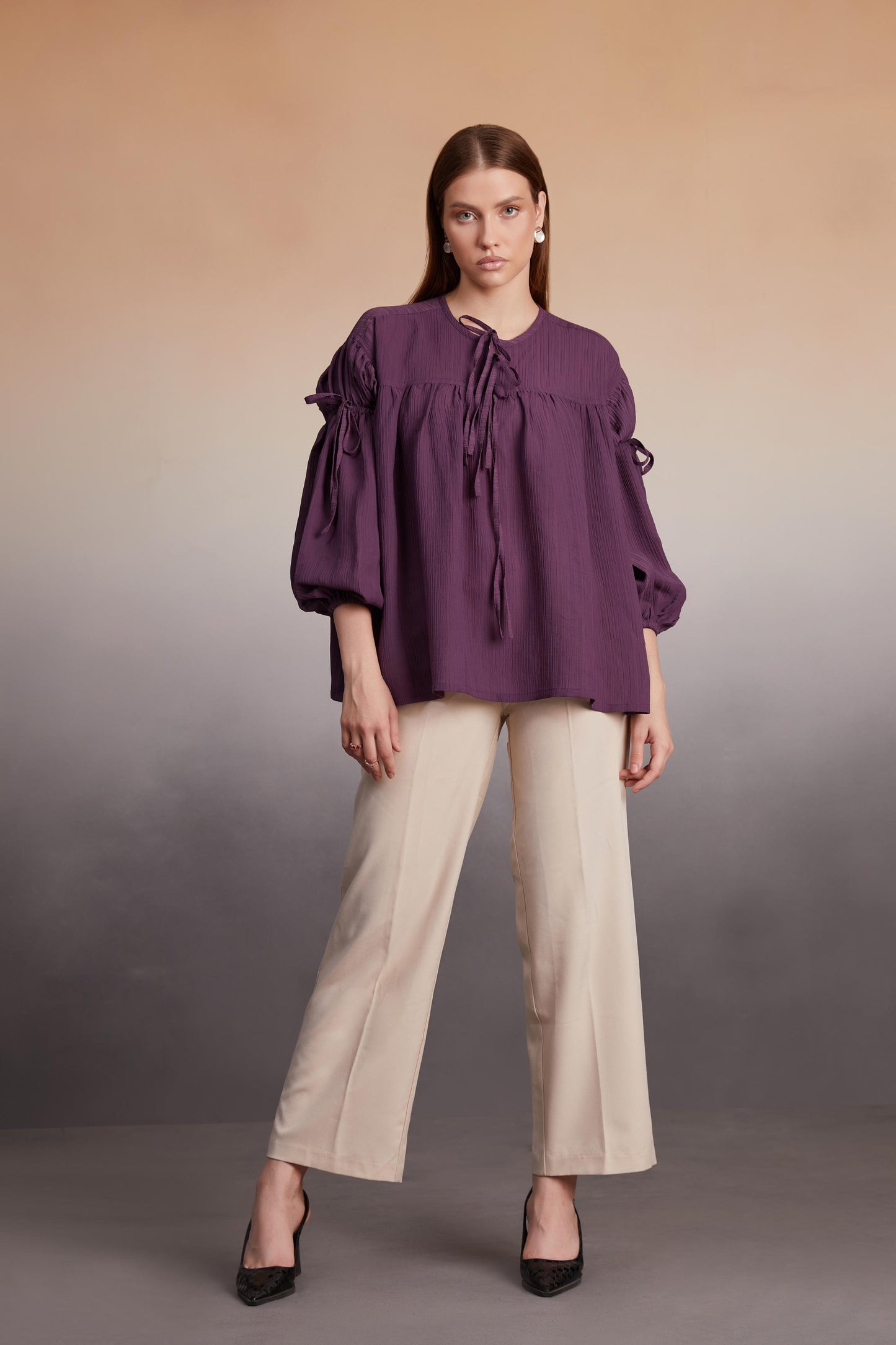 Plum Balloon Sleeve Tie-Up Bolus