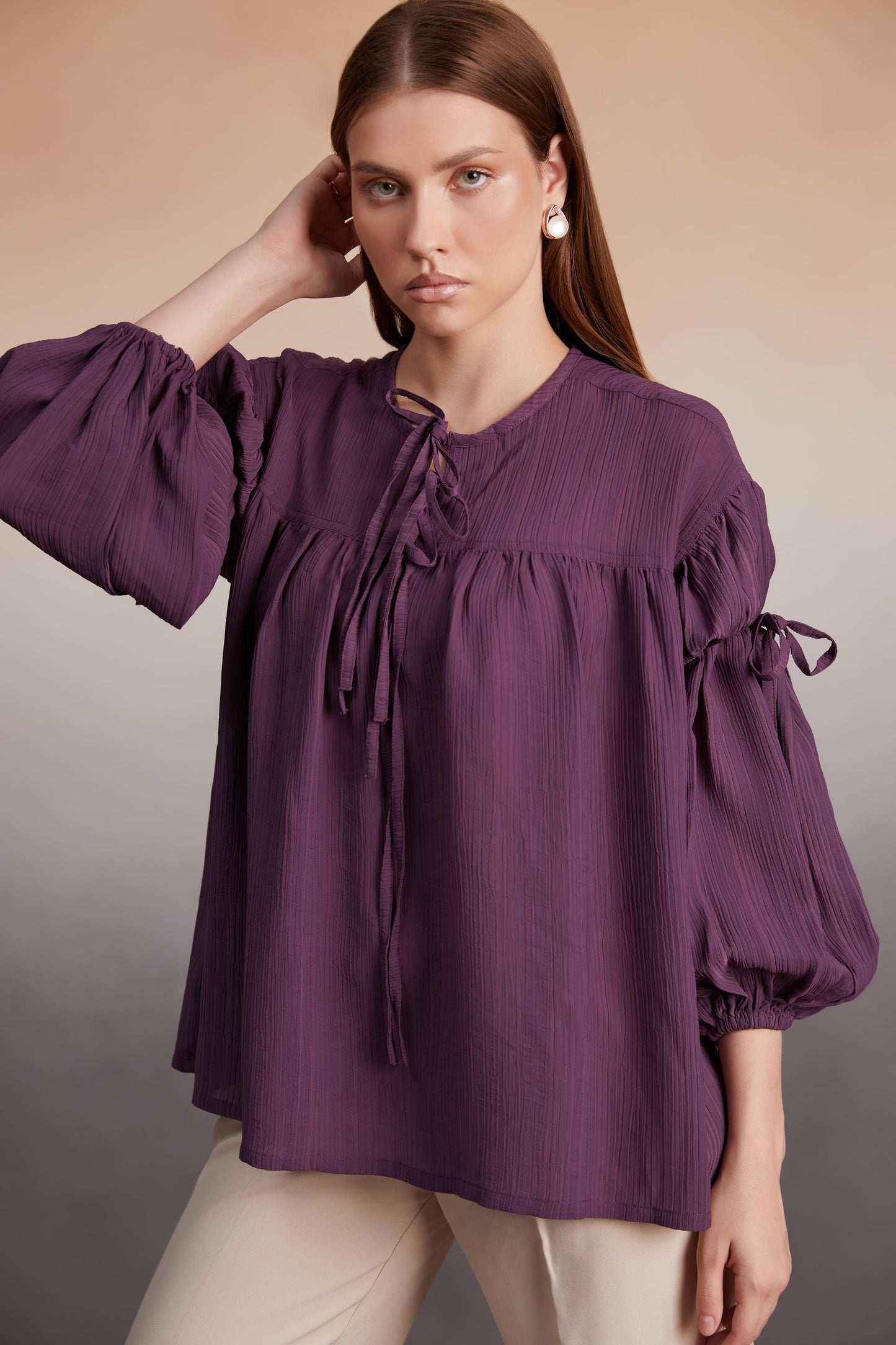 Plum Balloon Sleeve Tie-Up Bolus