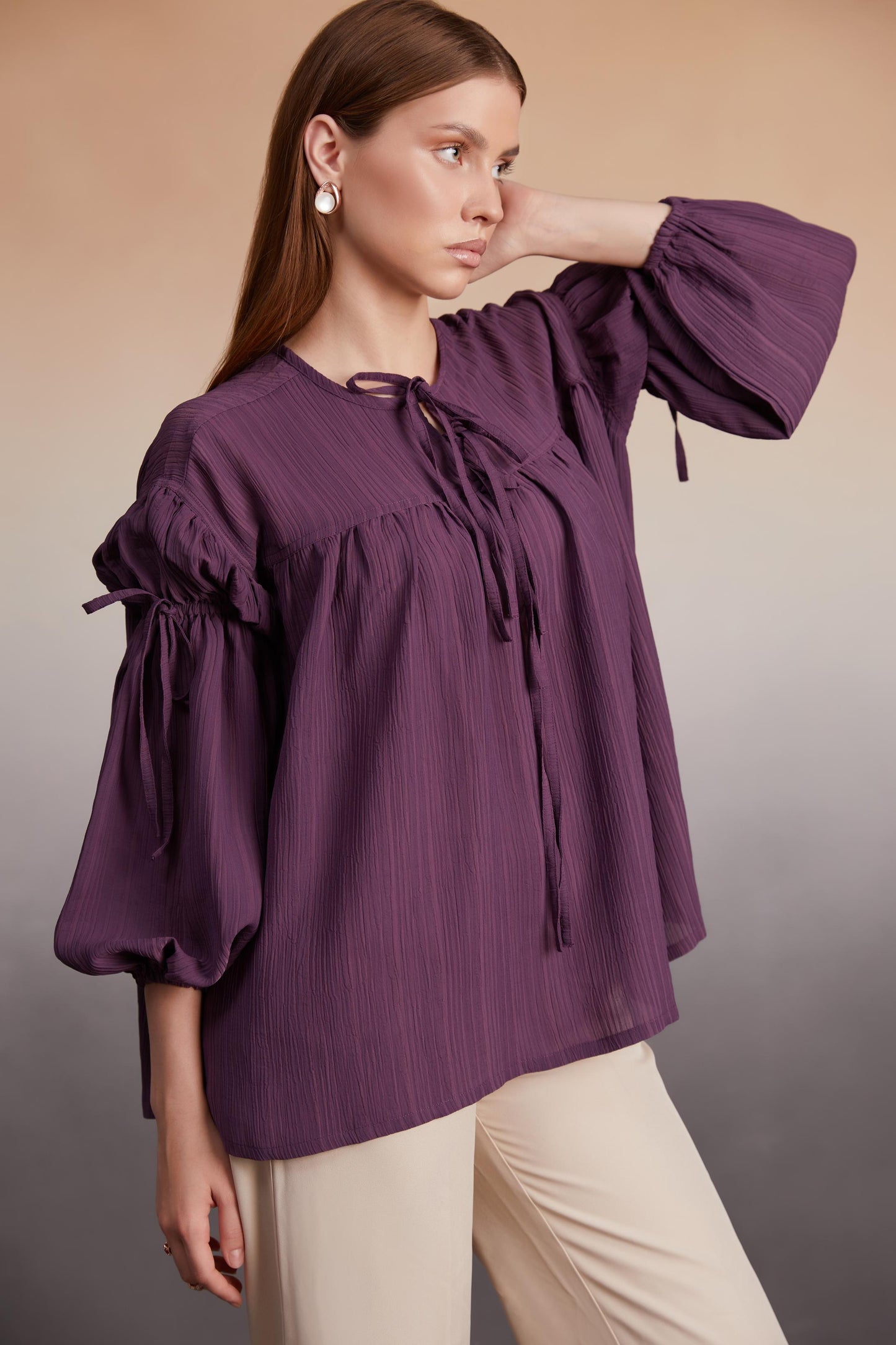 Plum Balloon Sleeve Tie-Up Bolus