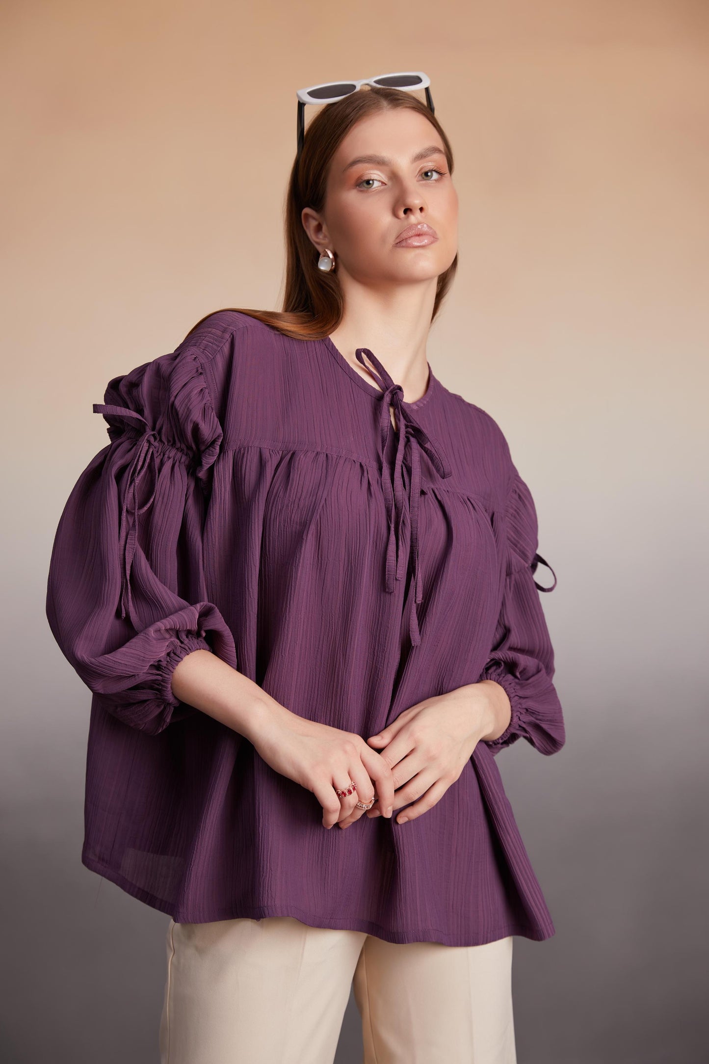 Plum Balloon Sleeve Tie-Up Bolus