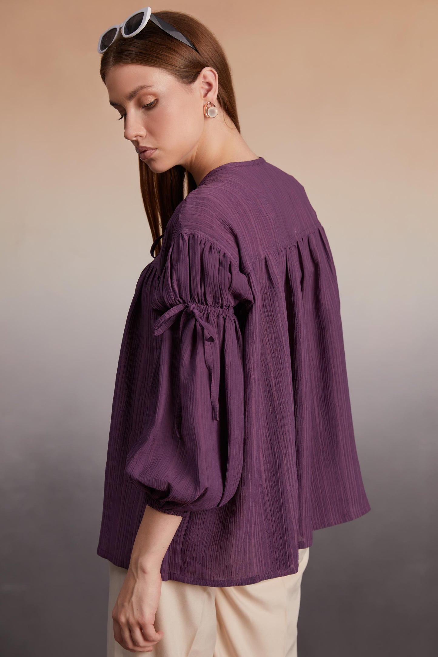 Plum Balloon Sleeve Tie-Up Bolus