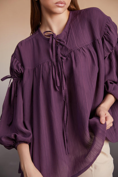 Plum Balloon Sleeve Tie-Up Bolus