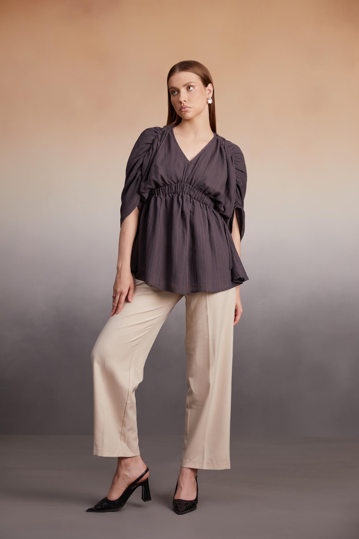 Charcoal Ruched Sleeve Tunic