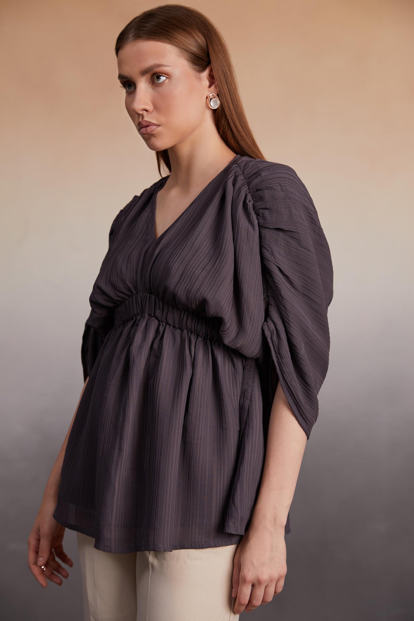 Charcoal Ruched Sleeve Tunic