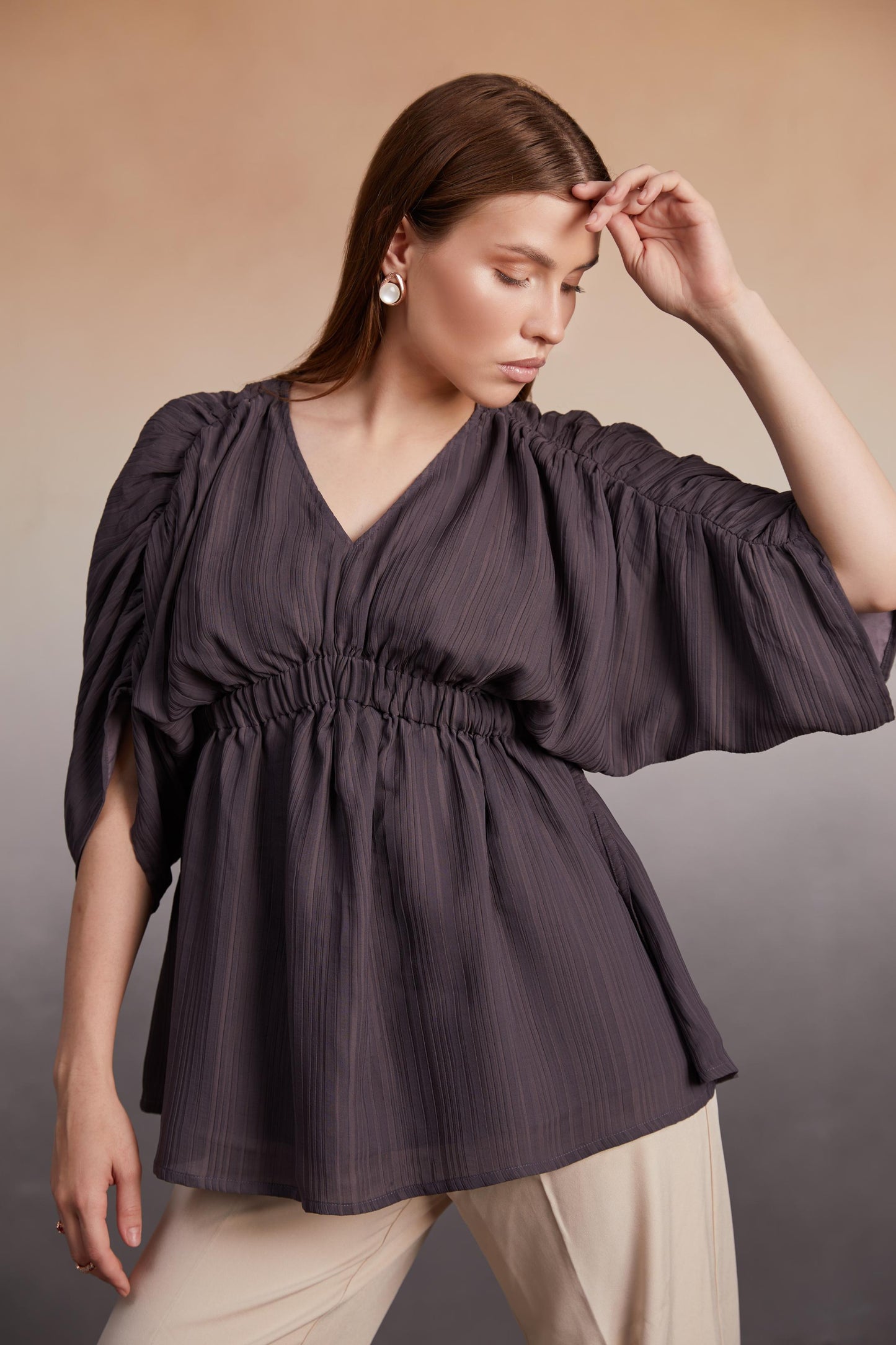 Charcoal Ruched Sleeve Tunic