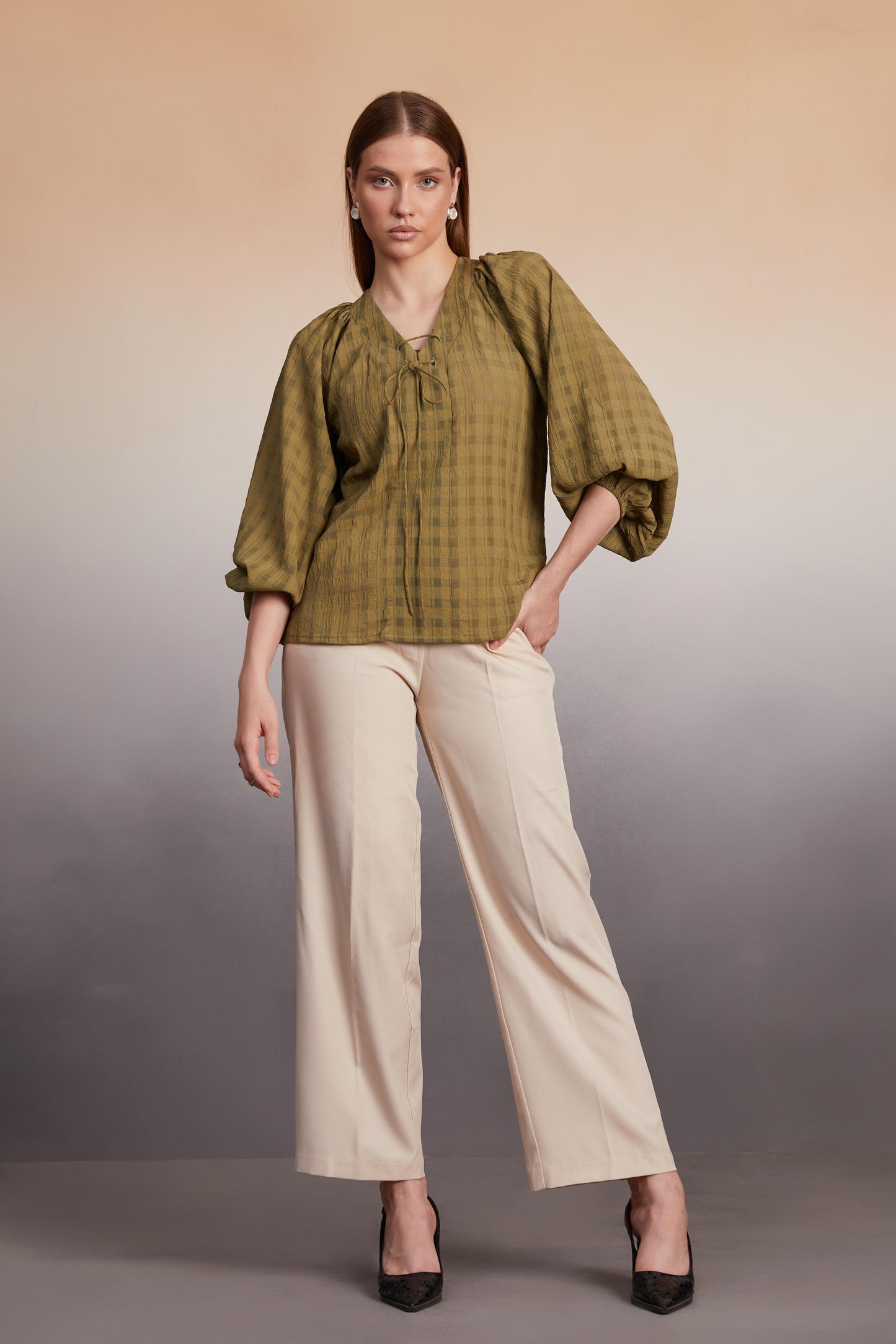 Olive Checked Balloon Sleeve Top