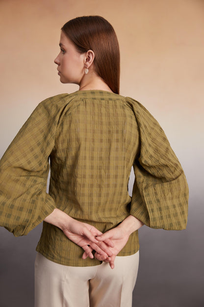 Olive Checked Balloon Sleeve Top