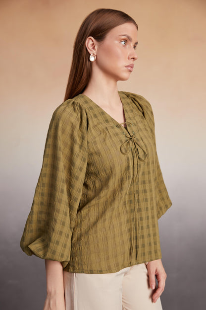 Olive Checked Balloon Sleeve Top